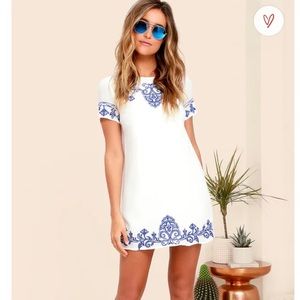 Blue embroidered ivory shift dress
